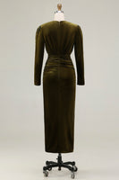 Load image into Gallery viewer, Olive Sheath Velvet Ruched Long Sleeves Holiday Party Dress with Slit