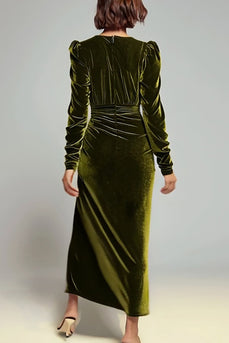 Olive Sheath Velvet Ruched Long Sleeves Holiday Party Dress with Slit
