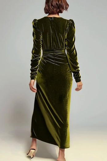 Olive Sheath Velvet Ruched Long Sleeves Holiday Party Dress with Slit