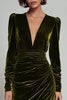 Load image into Gallery viewer, Olive Sheath Velvet Ruched Long Sleeves Holiday Party Dress with Slit