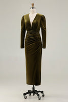 Load image into Gallery viewer, Olive Velvet Ruched Sheath Holiday Party Dress with Slit