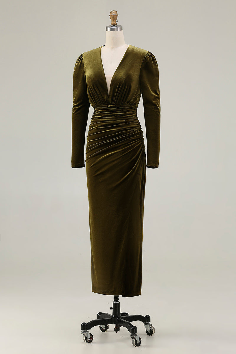 Load image into Gallery viewer, Olive Velvet Ruched Sheath Holiday Party Dress with Slit
