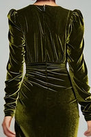 Load image into Gallery viewer, Olive Sheath Velvet Ruched Long Sleeves Holiday Party Dress with Slit