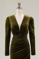 Load image into Gallery viewer, Olive Velvet Ruched Sheath Holiday Party Dress with Slit