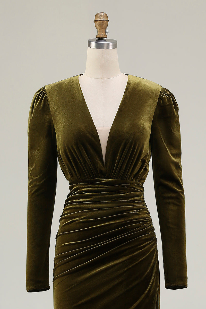 Load image into Gallery viewer, Olive Velvet Ruched Sheath Holiday Party Dress with Slit