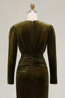 Load image into Gallery viewer, Olive Velvet Ruched Sheath Holiday Party Dress with Slit