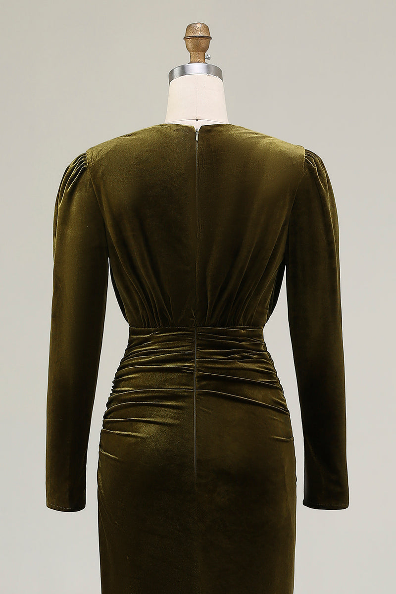 Load image into Gallery viewer, Olive Velvet Ruched Sheath Holiday Party Dress with Slit