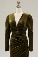 Load image into Gallery viewer, Olive Velvet Ruched Sheath Holiday Party Dress with Slit