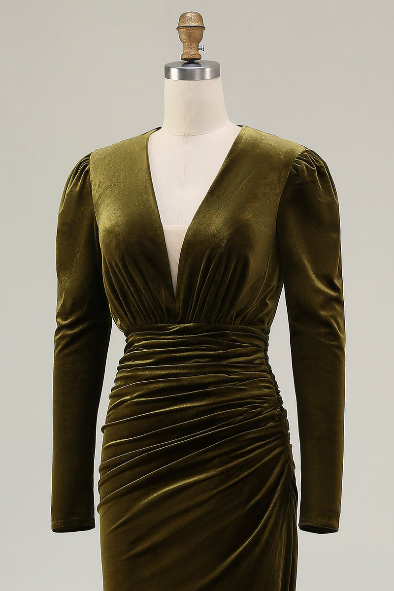 Load image into Gallery viewer, Olive Velvet Ruched Sheath Holiday Party Dress with Slit