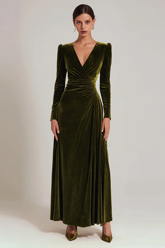 Olive Velvet Sheath V-Neck Long Sleeves Holiday Party Dress