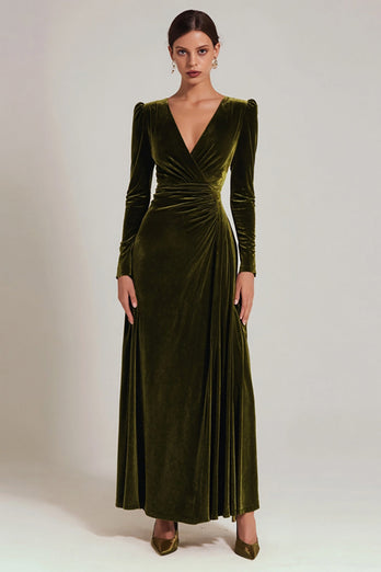 Olive Velvet Sheath V-Neck Long Sleeves Holiday Party Dress