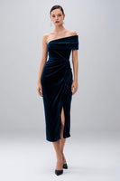 Load image into Gallery viewer, Navy Velvet Sheath One Shoulder Midi Holiday Party Dress with Slit
