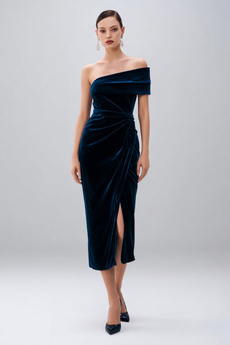 Navy Velvet Sheath One Shoulder Midi Holiday Party Dress with Slit