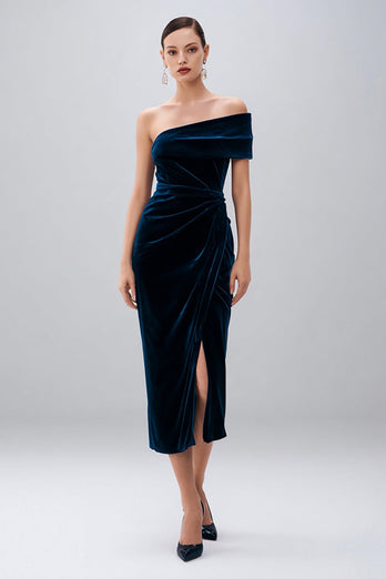 Navy Velvet Sheath One Shoulder Midi Holiday Party Dress with Slit