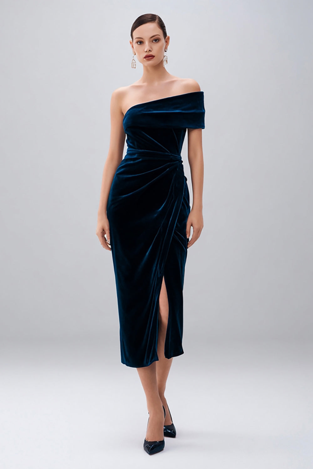 Navy Velvet Sheath One Shoulder Midi Holiday Party Dress with Slit