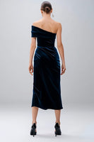 Load image into Gallery viewer, Navy Velvet Sheath One Shoulder Midi Holiday Party Dress with Slit