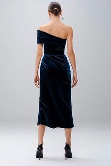 Navy Velvet Sheath One Shoulder Midi Holiday Party Dress with Slit