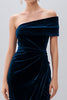 Load image into Gallery viewer, Navy Velvet Sheath One Shoulder Midi Holiday Party Dress with Slit