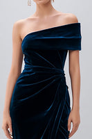 Load image into Gallery viewer, Navy Velvet Sheath One Shoulder Midi Holiday Party Dress with Slit
