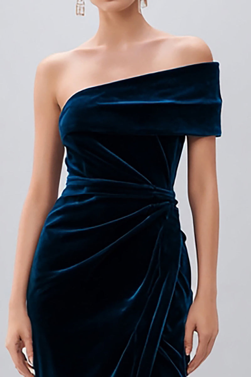 Load image into Gallery viewer, Navy Velvet Sheath One Shoulder Midi Holiday Party Dress with Slit