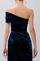 Load image into Gallery viewer, Navy Velvet Sheath One Shoulder Midi Holiday Party Dress with Slit
