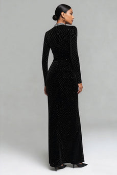 Sparkly Black Velvet Round Neck Sheath Long Holiday Party Dress with Sleeves