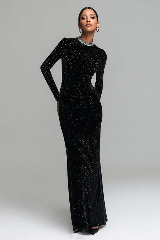 Queendancer Women Sparkly Black Velvet Long Holiday Party Dress with Beading Round Neck Sheath Evening Dress with Sleeves