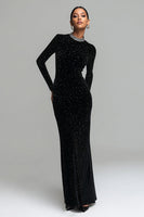 Load image into Gallery viewer, Sparkly Black Velvet Round Neck Long Sleeves Holiday Party Dress
