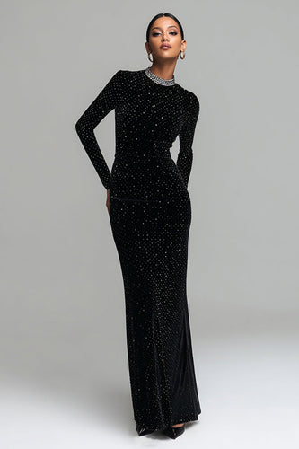 Sparkly Black Velvet Round Neck Long Sleeves Holiday Party Dress