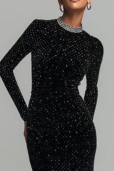 Sparkly Black Velvet Round Neck Long Sleeves Holiday Party Dress