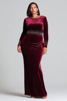 Load image into Gallery viewer, Plus Size Sparkly Burgundy Velvet Mermaid Long Sleeves Holiday Party Dress