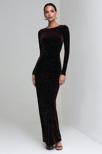 Coffee Velvet Mermaid Boat Neck Long Sleeves Holiday Party Dress