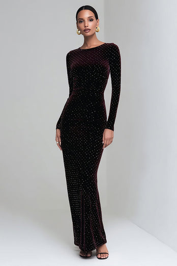 Coffee Velvet Mermaid Boat Neck Long Sleeves Holiday Party Dress