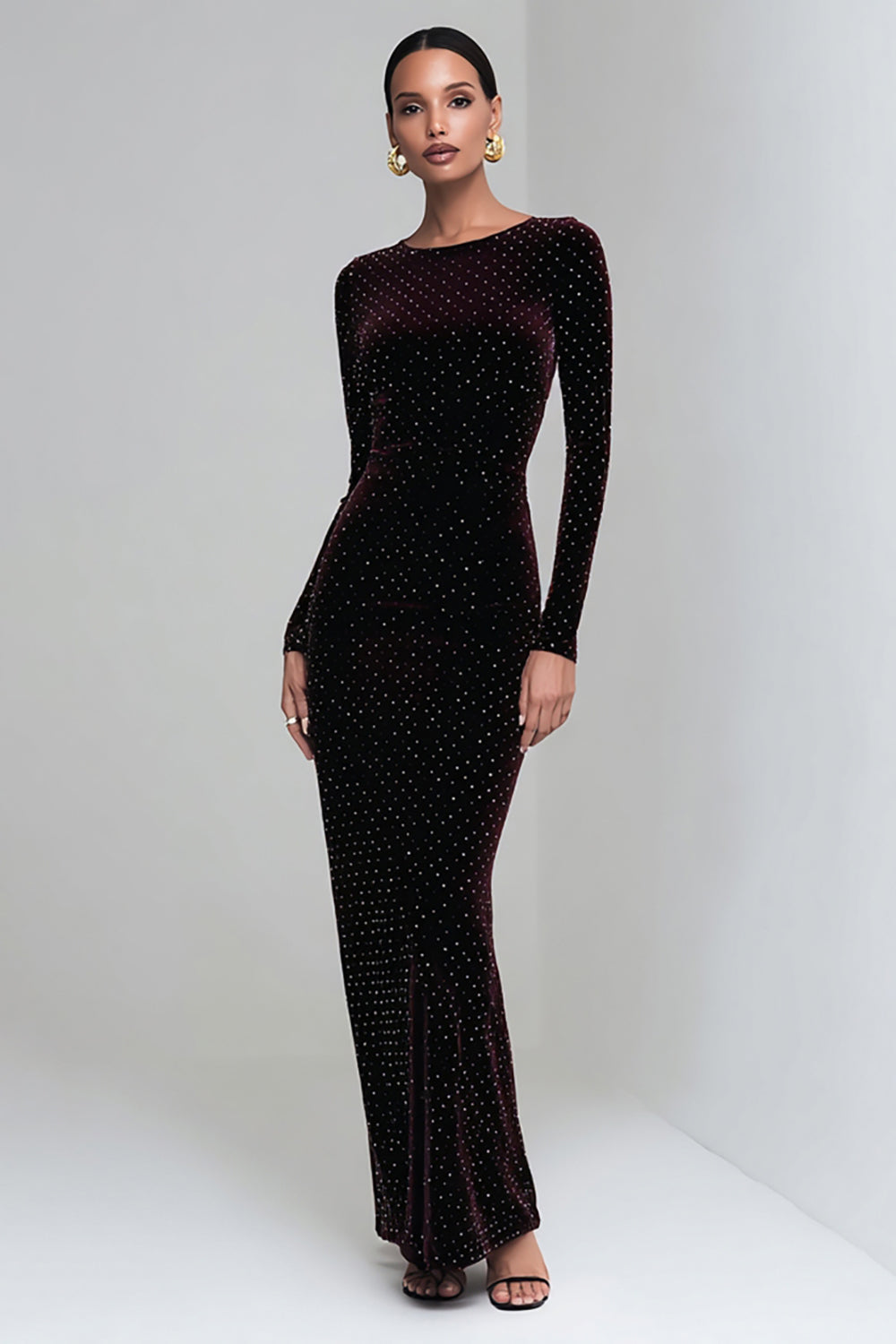 Coffee Velvet Mermaid Boat Neck Long Sleeves Holiday Party Dress