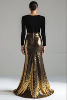 Load image into Gallery viewer, Sparkly Gold and Black Sequin Mermaid V-Neck Long Sleeves Holiday Party Dress