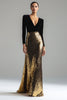 Load image into Gallery viewer, Sparkly Gold and Black Mermaid V-Neck Long Sleeves Holiday Party Dress