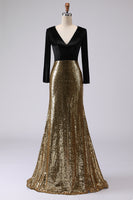 Load image into Gallery viewer, Sparkly Gold and Black Mermaid Sequin V-Neck Long Holiday Party Dress with Sleeves