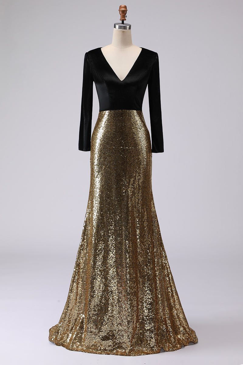 Load image into Gallery viewer, Sparkly Gold and Black Mermaid Sequin V-Neck Long Holiday Party Dress with Sleeves