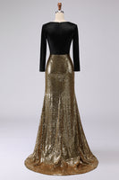 Load image into Gallery viewer, Sparkly Gold and Black Mermaid Sequin V-Neck Long Holiday Party Dress with Sleeves