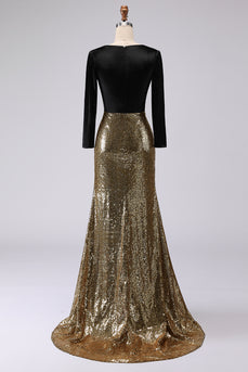 Sparkly Gold and Black Mermaid Sequin V-Neck Long Holiday Party Dress with Sleeves
