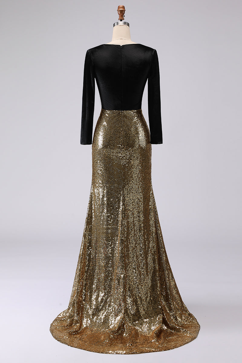 Load image into Gallery viewer, Sparkly Gold and Black Mermaid Sequin V-Neck Long Holiday Party Dress with Sleeves