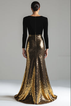 Sparkly Gold and Black Sequin Mermaid V-Neck Long Sleeves Holiday Party Dress