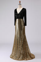 Load image into Gallery viewer, Sparkly Gold and Black Mermaid Sequin V-Neck Long Holiday Party Dress with Sleeves