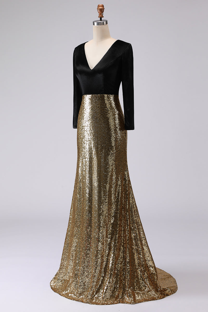 Load image into Gallery viewer, Sparkly Gold and Black Mermaid Sequin V-Neck Long Holiday Party Dress with Sleeves