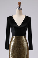 Load image into Gallery viewer, Sparkly Gold and Black Mermaid Sequin V-Neck Long Holiday Party Dress with Sleeves