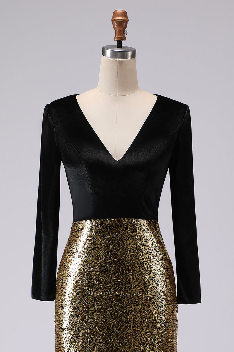 Load image into Gallery viewer, Sparkly Gold and Black Mermaid Sequin V-Neck Long Holiday Party Dress with Sleeves