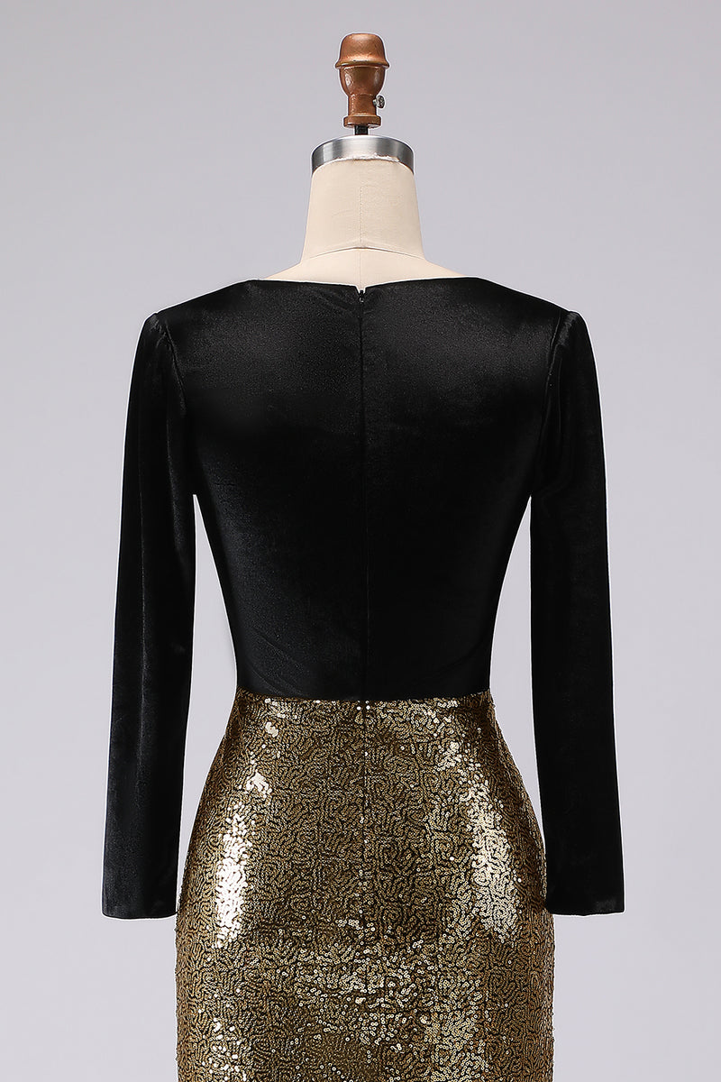 Load image into Gallery viewer, Sparkly Gold and Black Mermaid Sequin V-Neck Long Holiday Party Dress with Sleeves