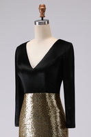 Load image into Gallery viewer, Sparkly Gold and Black Mermaid Sequin V-Neck Long Holiday Party Dress with Sleeves