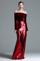 Load image into Gallery viewer, Sparkly Burgundy Velvet Off the Shoulder Long Sleeves Holiday Party Dress