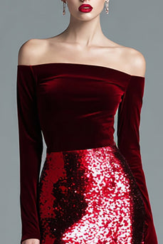 Sparkly Burgundy Velvet Off the Shoulder Long Sleeves Holiday Party Dress